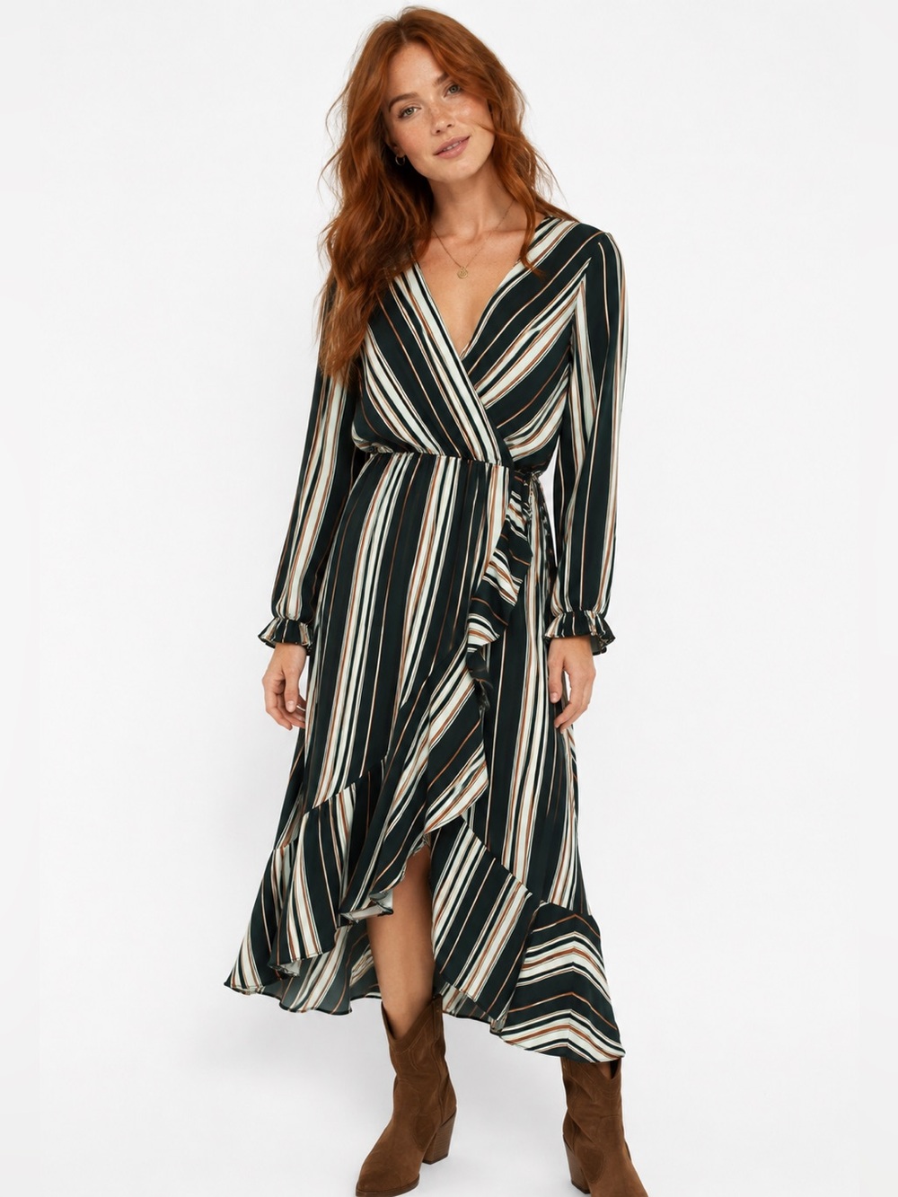 Jodifl Striped Faux Wrap Ruffle Midi Dress Size Medium Green Rust Boho